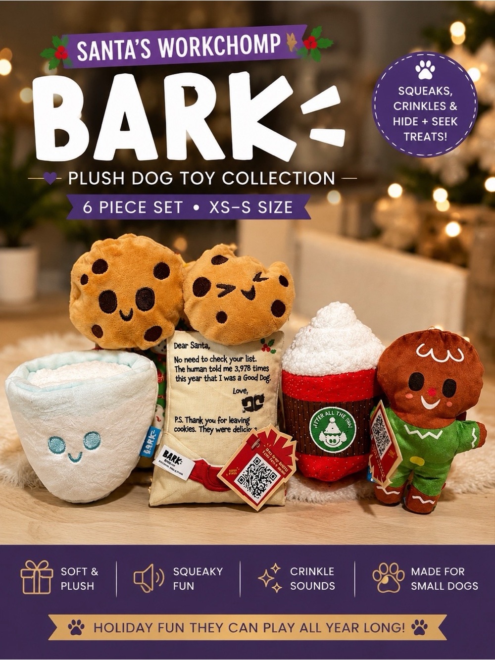 BARK Santa’s Workchomp Holiday Plush Dog Toy Set XS-S 2Pack